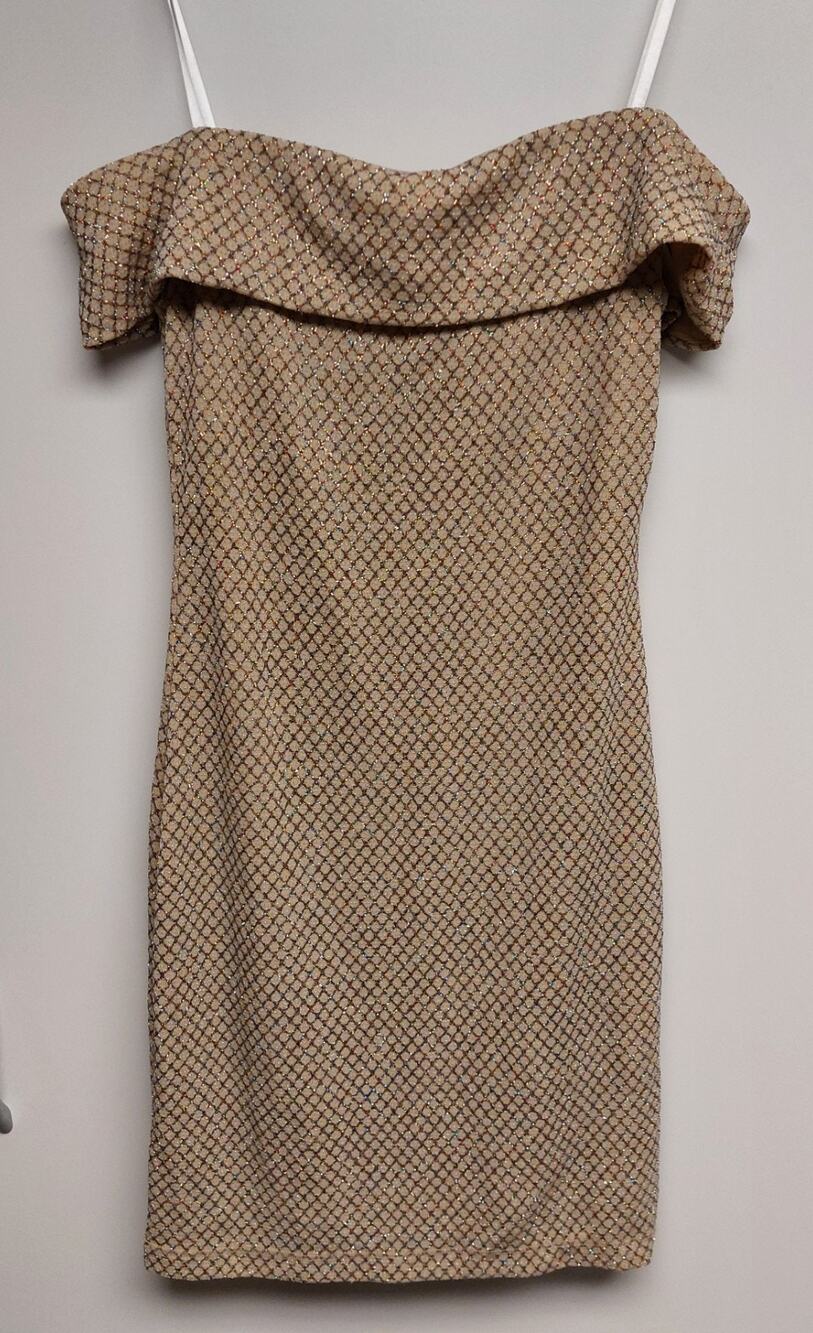 Off-the-Shoulder Gold and Brown Glitter Mini Dress by B. Smart Size 3
